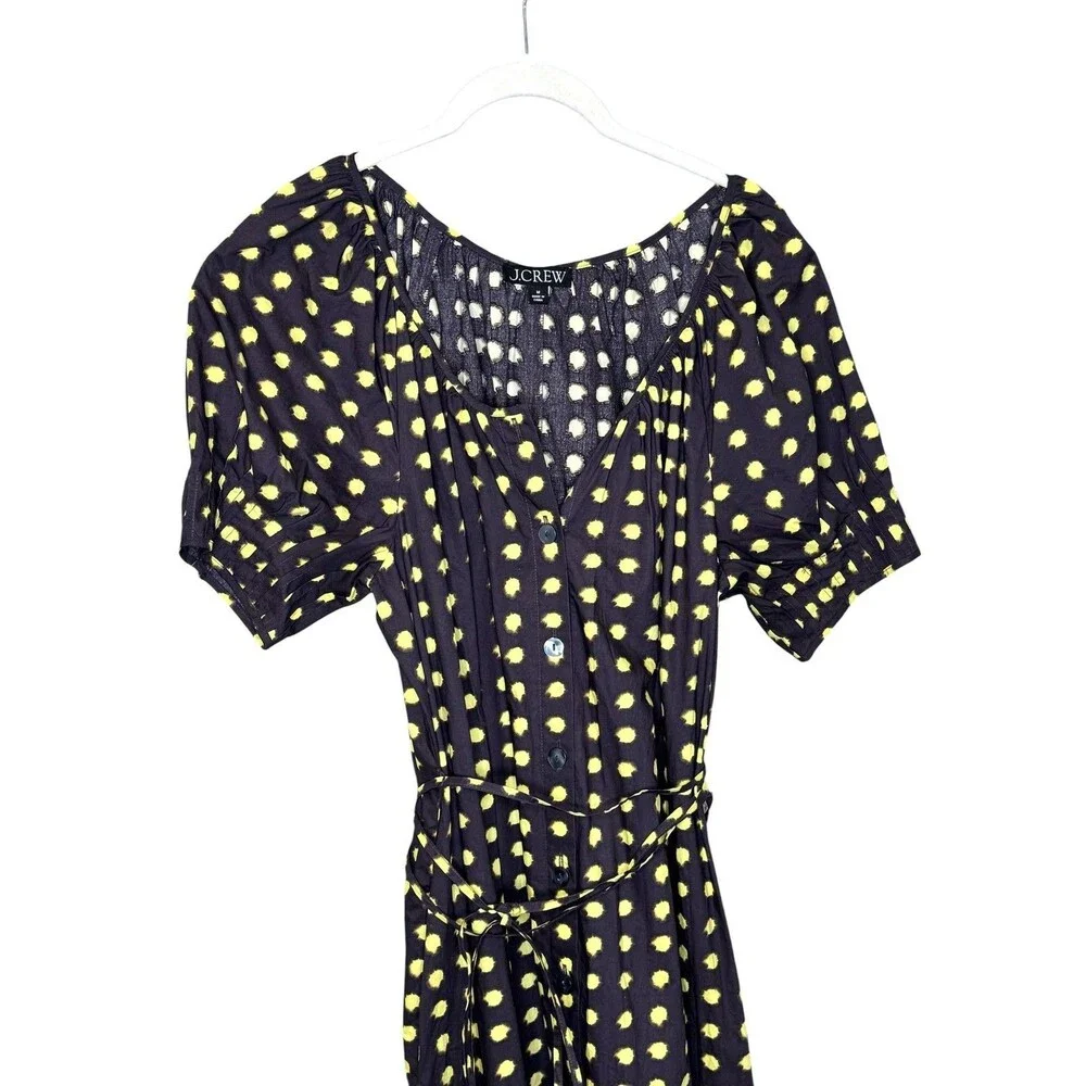 J.Crew Dress Medium Large Yellow Polka Dot Midi Belted Pockets Cotton Poplin